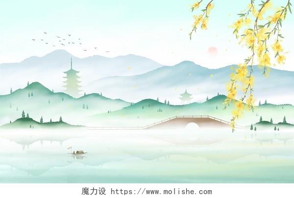 古风风景插画手绘水彩山水背景春天春分节气花朵植物建筑